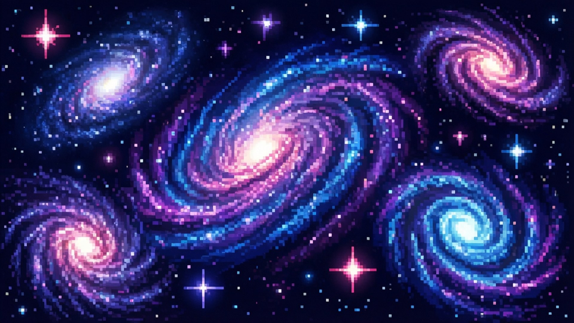 Pixel Cosmic Nebula 壁紙 — 充滿活力的像素星系在宇宙舞蹈中旋轉，發光的粉紅色、藍色和白色星星襯托著深邃的黑色虛空。