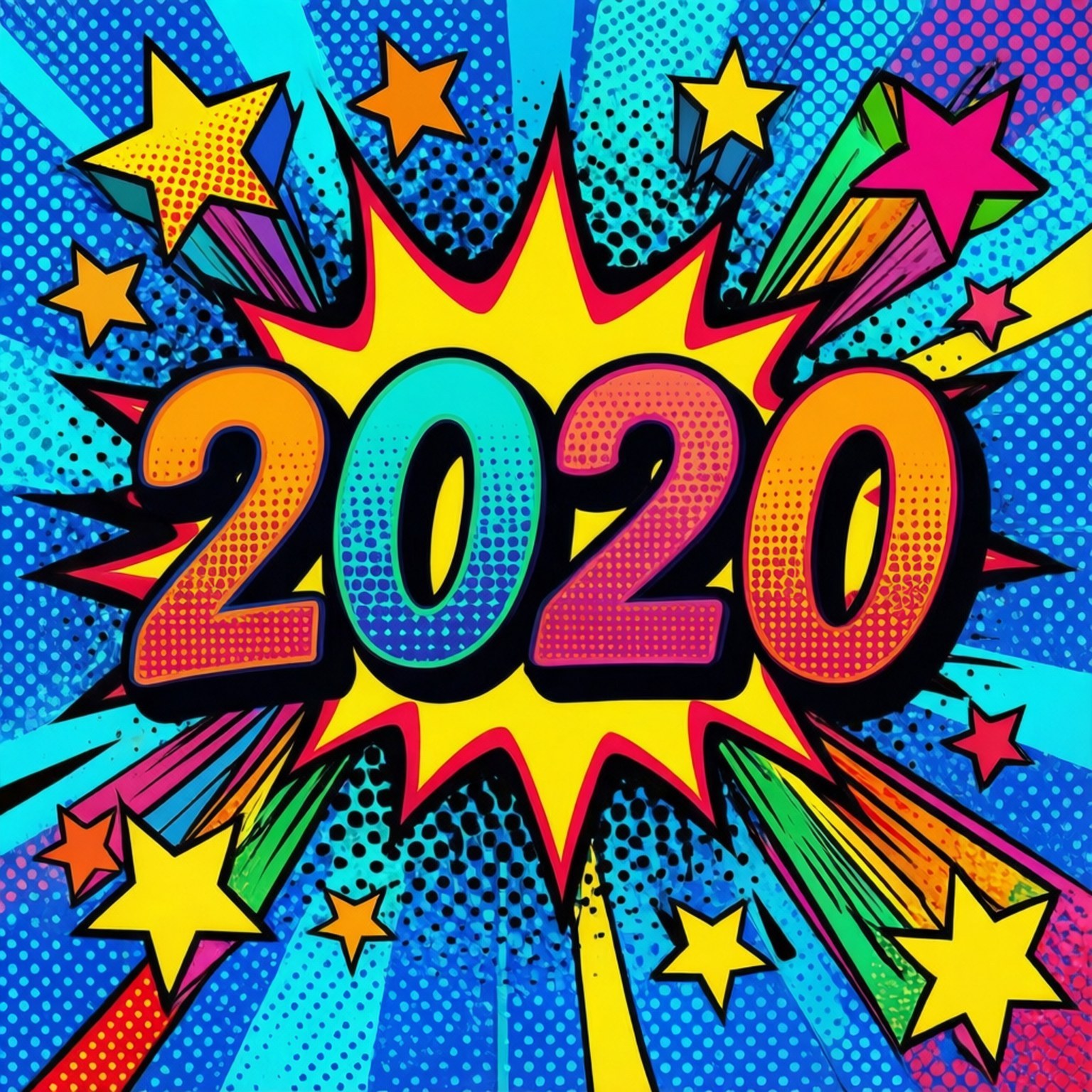 Pop Art 2020 壁紙 — 充滿活力的普普藝術爆炸，帶有粗體2020文字，周圍環繞著彩色星星和半色調圖案，背景為藍色。