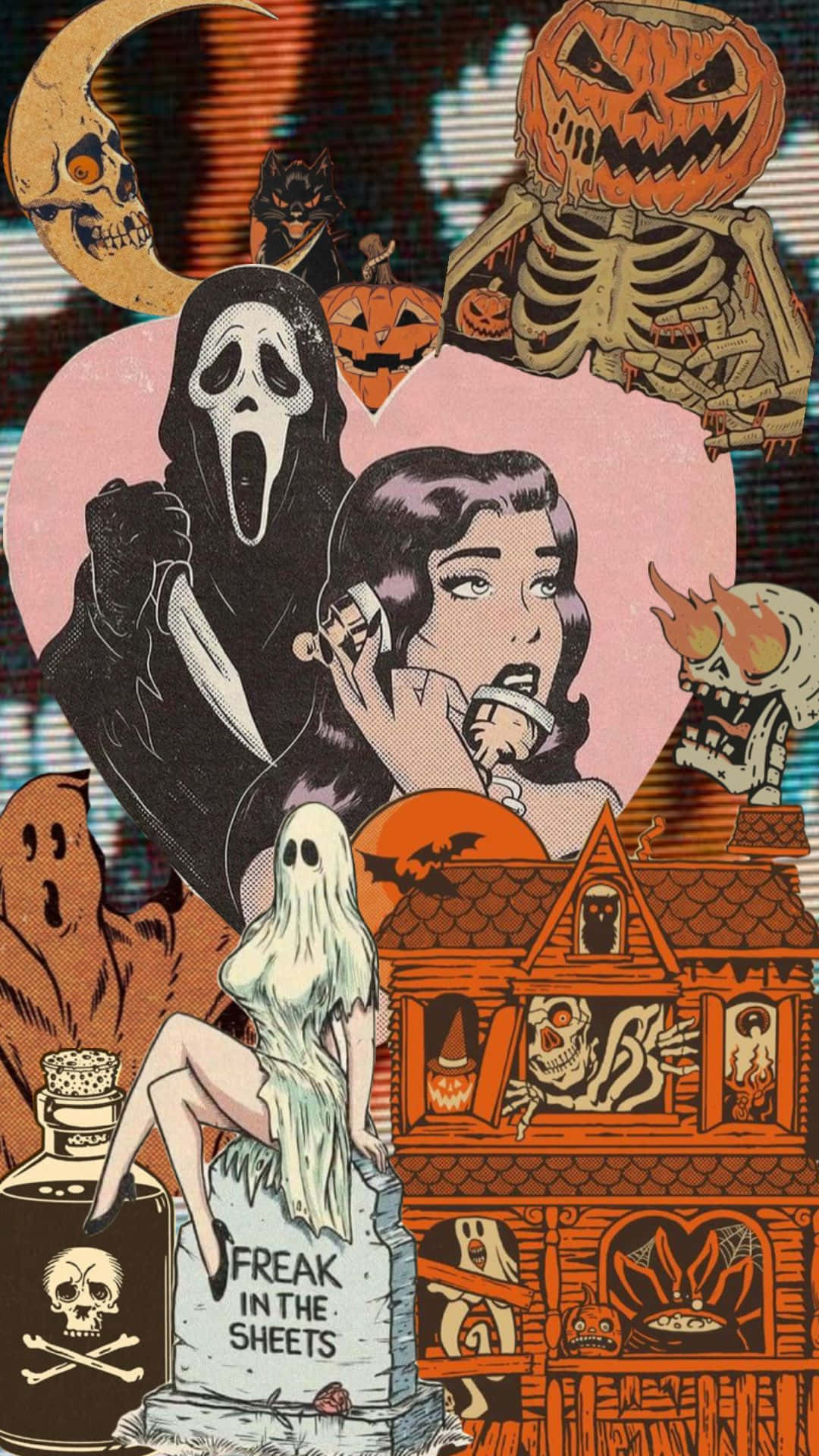  壁紙 — 一幅充滿活力的普普藝術萬聖節拼貼畫， featuring 標誌性恐怖角色如鬼臉和尖叫的女人，周圍環繞著南瓜、骷髏和鬼屋。