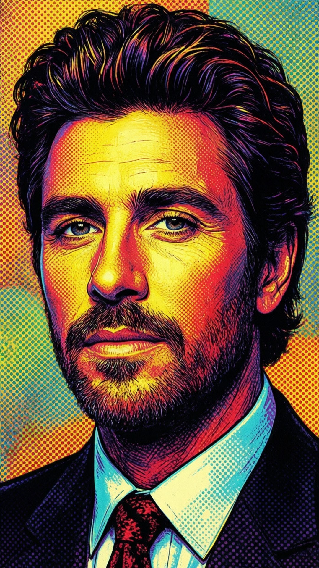 Pop Art Celebrity 壁紙 — 一個充滿活力的普普藝術肖像，描繪一位深色頭髮和鬍鬚的男子，穿著西裝和領帶，背景是色彩繽紛的半色調。