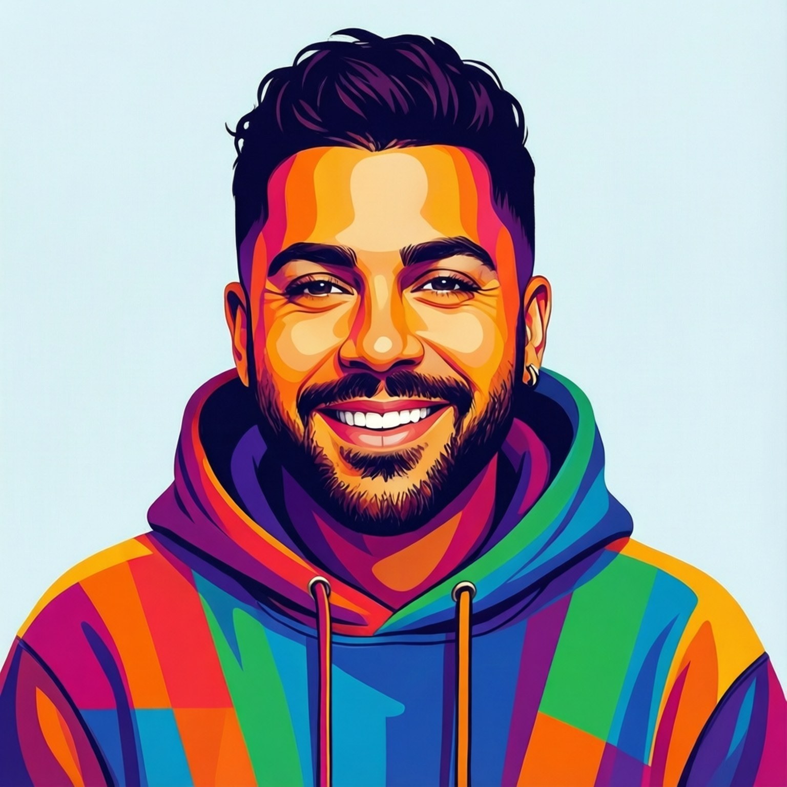 Vector Smile 壁紙 — 一幅充滿活力的普普藝術肖像，描繪一位微笑、深色頭髮、留鬍鬚的男子，穿著彩虹連帽衫，背景為淺藍色。