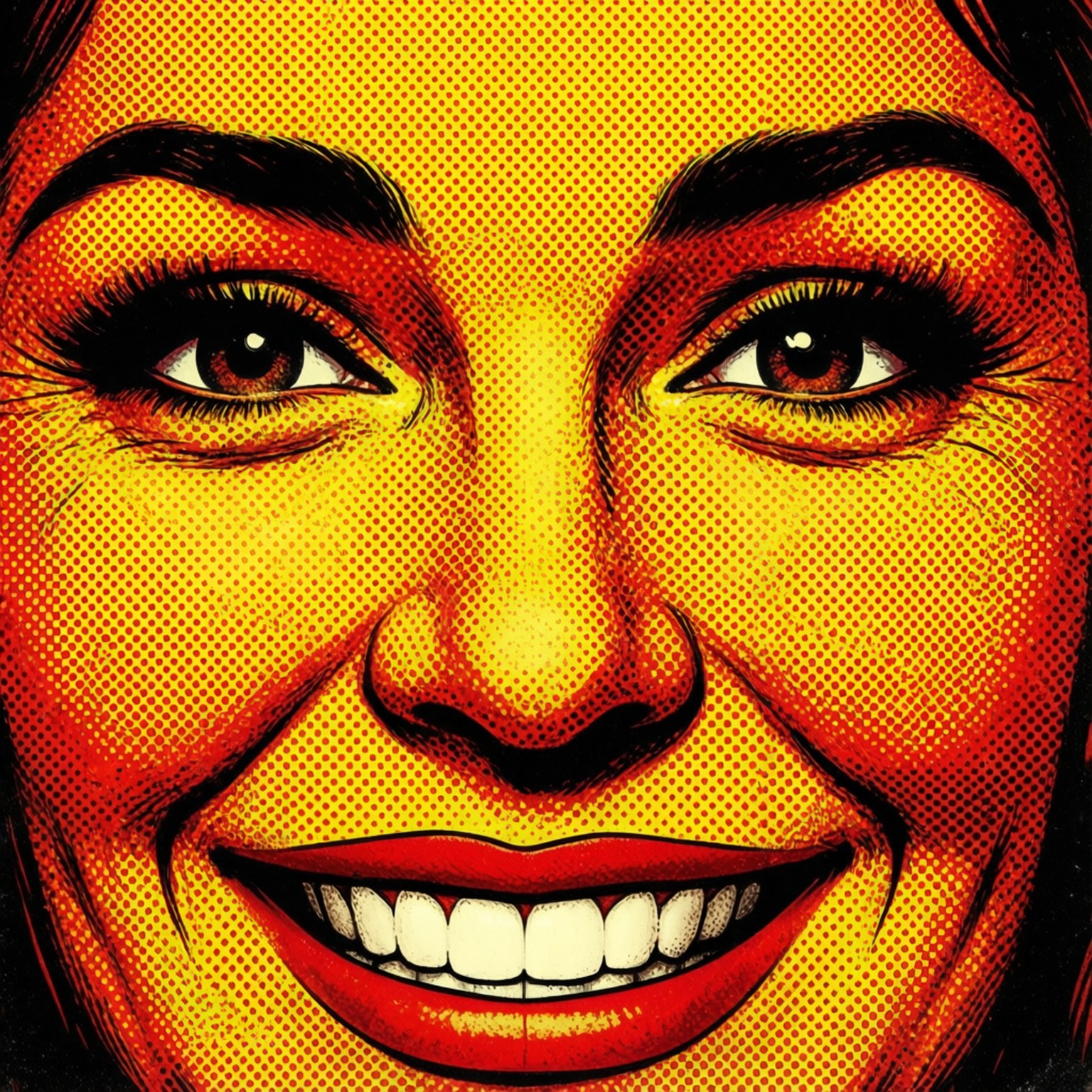 Pop Art Smile 壁紙 — 一個充滿活力的普普藝術肖像，描繪一位笑容燦爛、嘴唇鮮紅的女性，背景為黃色半色調。