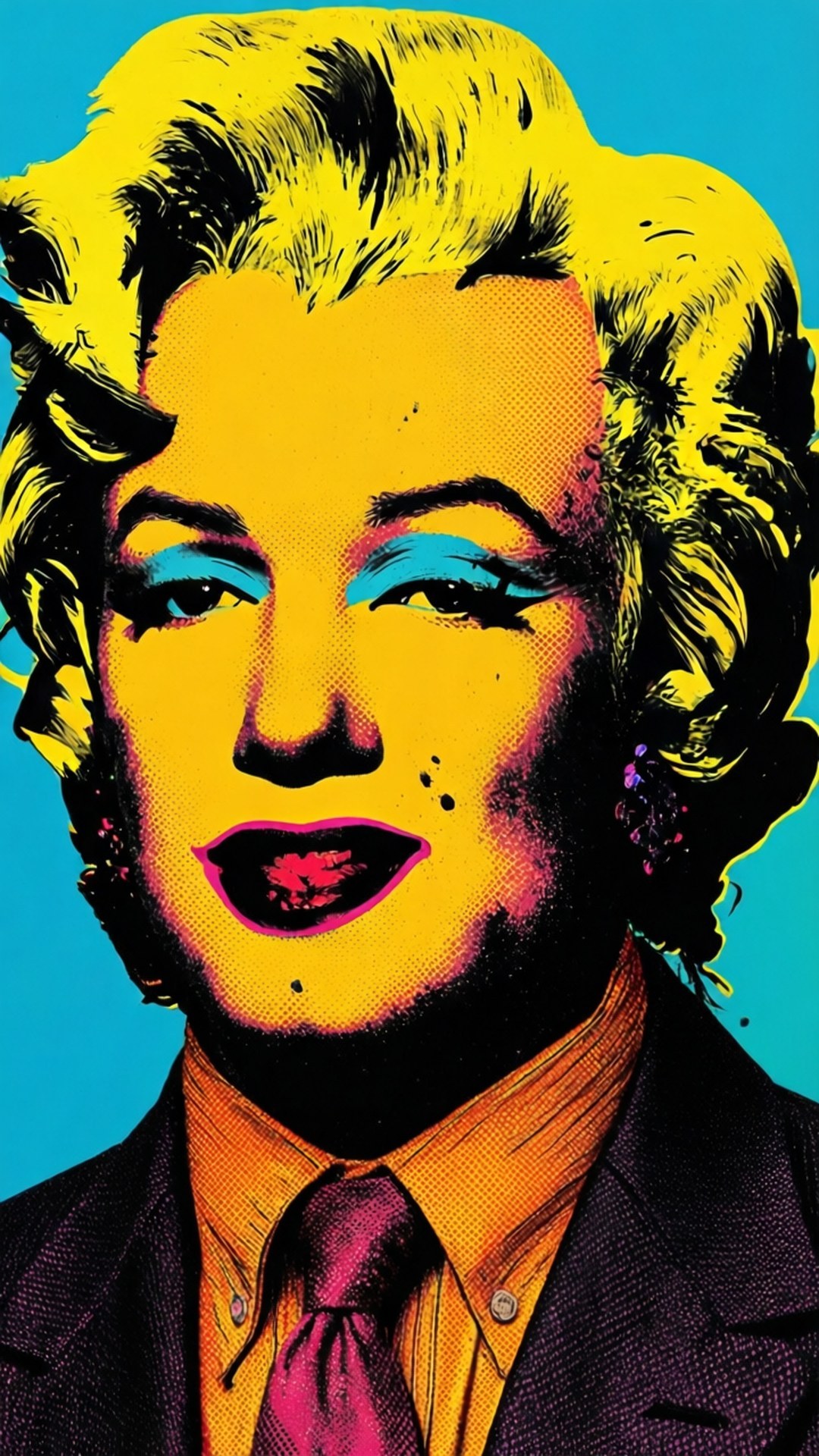 Pop Art Celebrity 壁紙 — 瑪麗蓮夢露的鮮豔普普藝術肖像，黃色頭髮、青色眼睛和洋紅色嘴唇，背景為亮藍色。