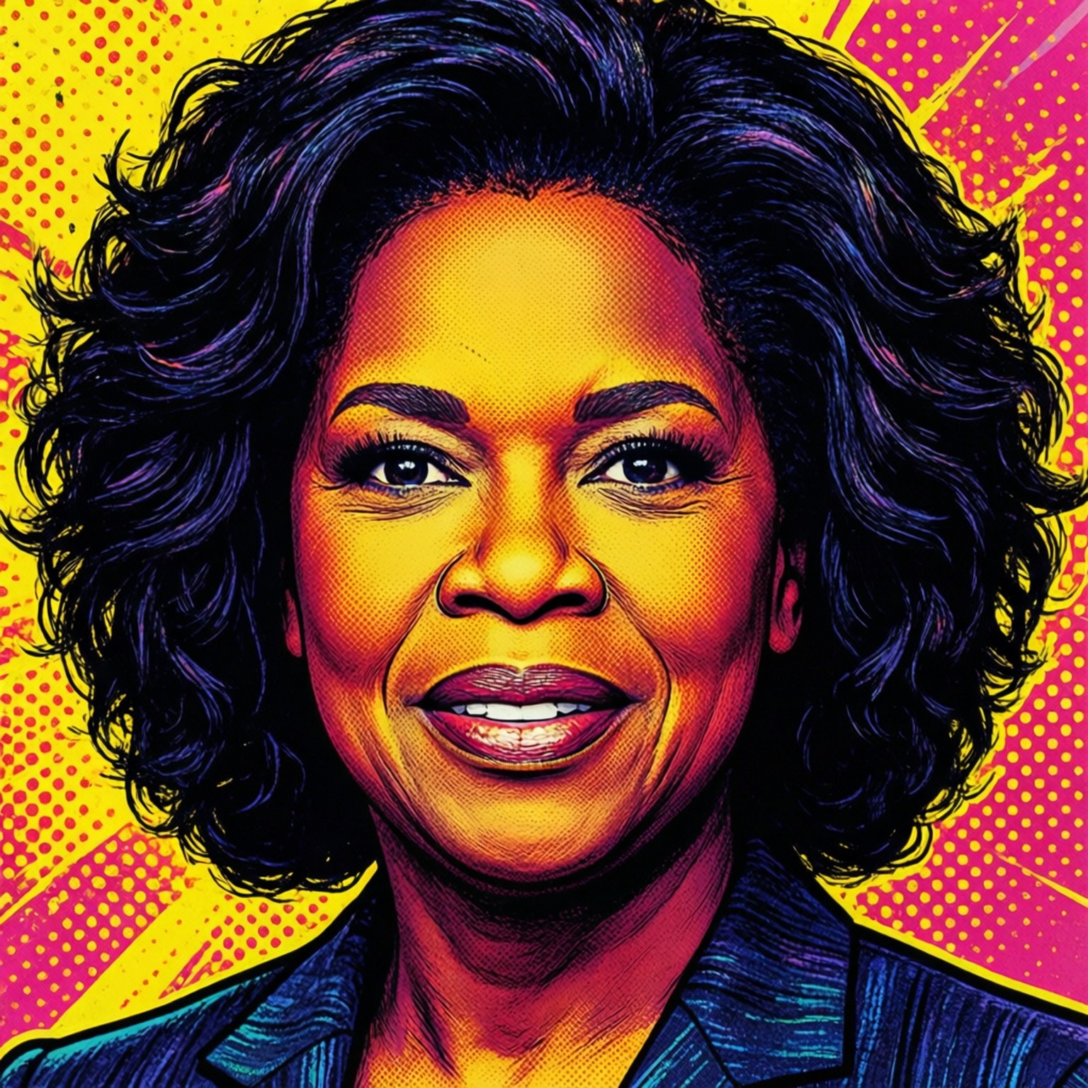 Pop Art Oprah 壁紙 — Oprah Winfrey 的充滿活力的普普藝術肖像，帶有粗體半色調點和電黃、粉紅和藍色背景。