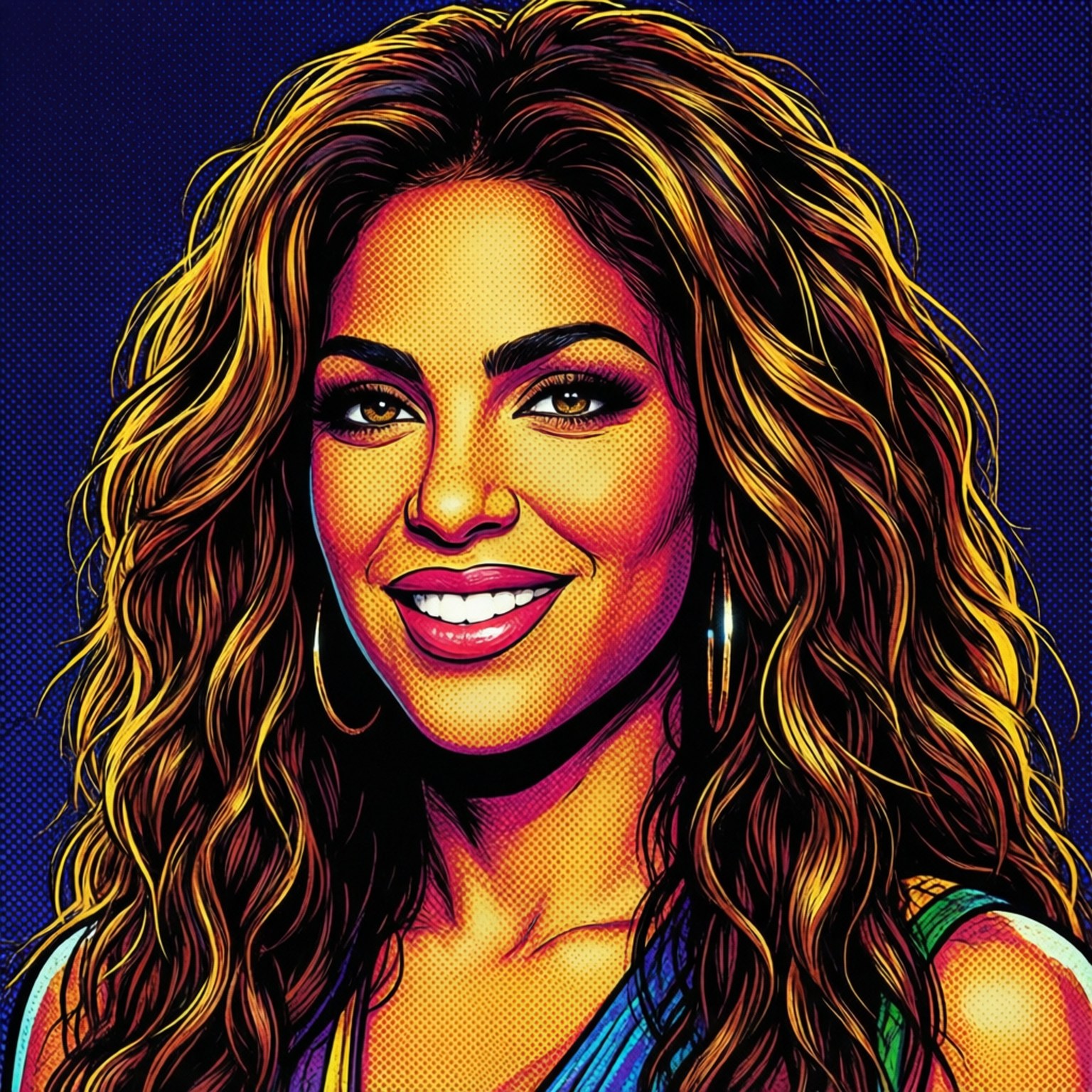 Shakira Pop Art 壁紙 — 一幅充滿活力的普普藝術肖像，描繪一位微笑的女性，金色捲髮，在深藍色背景上帶有鮮明的半色調陰影。