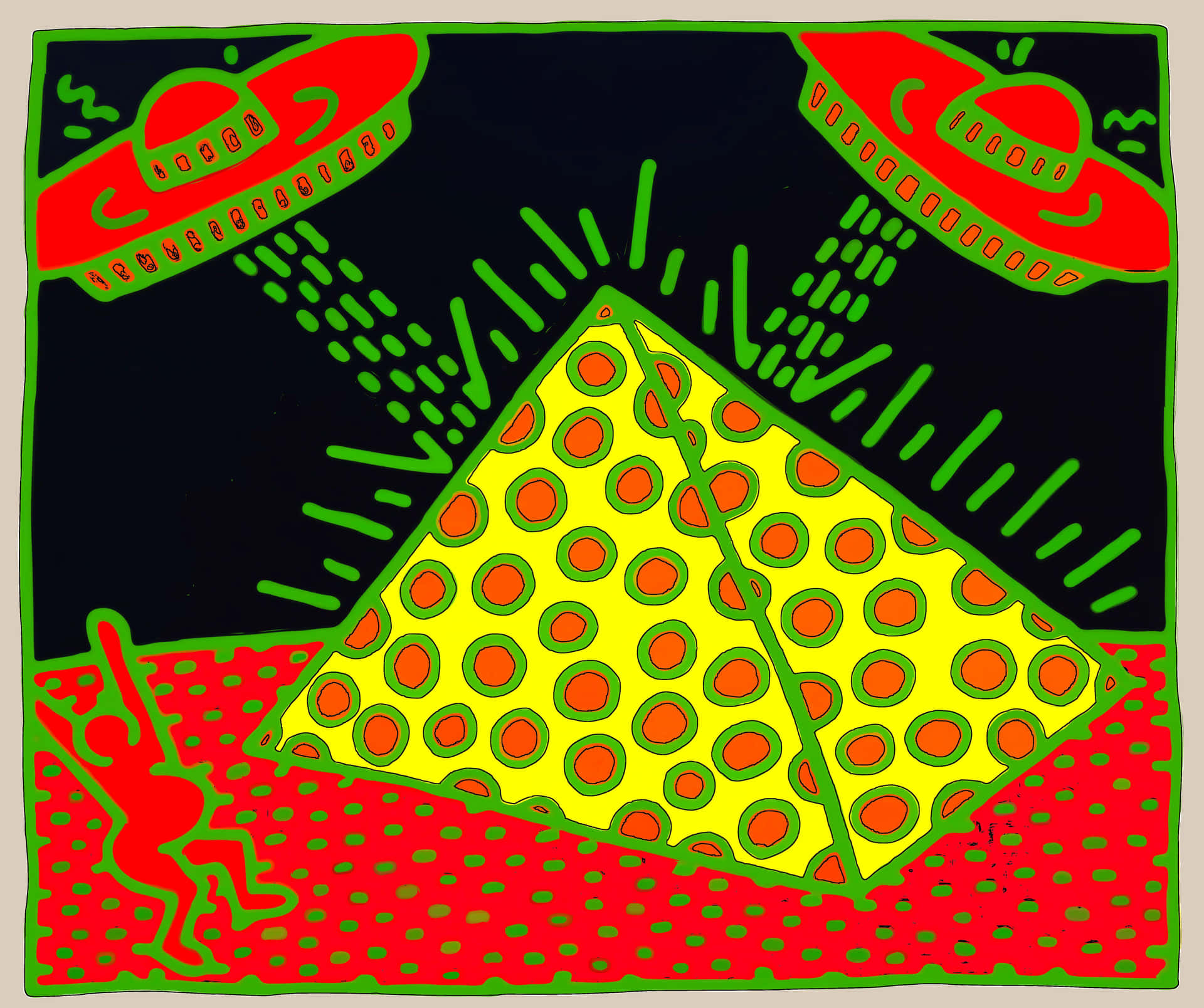  壁紙 — 充滿活力的普普藝術風格描繪兩架紅色UFO懸浮在帶有橙色圓點的黃色金字塔上方，一個紅色小人正在下方奔跑。