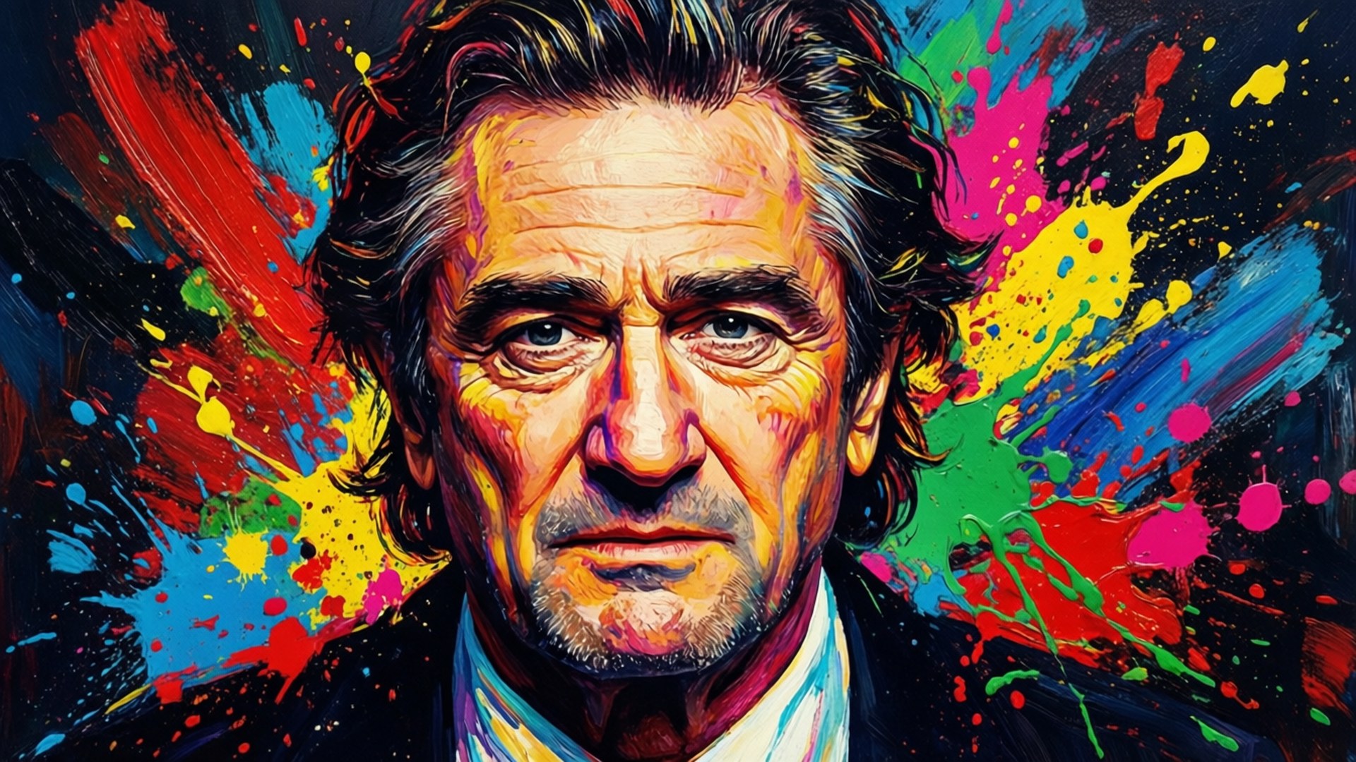 Pop Art De Niro 壁紙 — 一幅充滿活力的肖像，一個眼神銳利的男人被爆炸性的彩色油漆飛濺包圍，背景為深色。