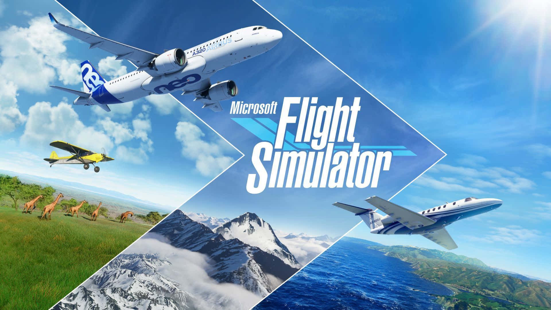 1920x1080 Microsoft Flight Simulator 桌布 壁紙 — Microsoft Flight Simulator 的鮮明宣傳圖片，展示三架飛機飛越多樣化的景觀，包括稀樹草原、長頸鹿、山脈和海洋。