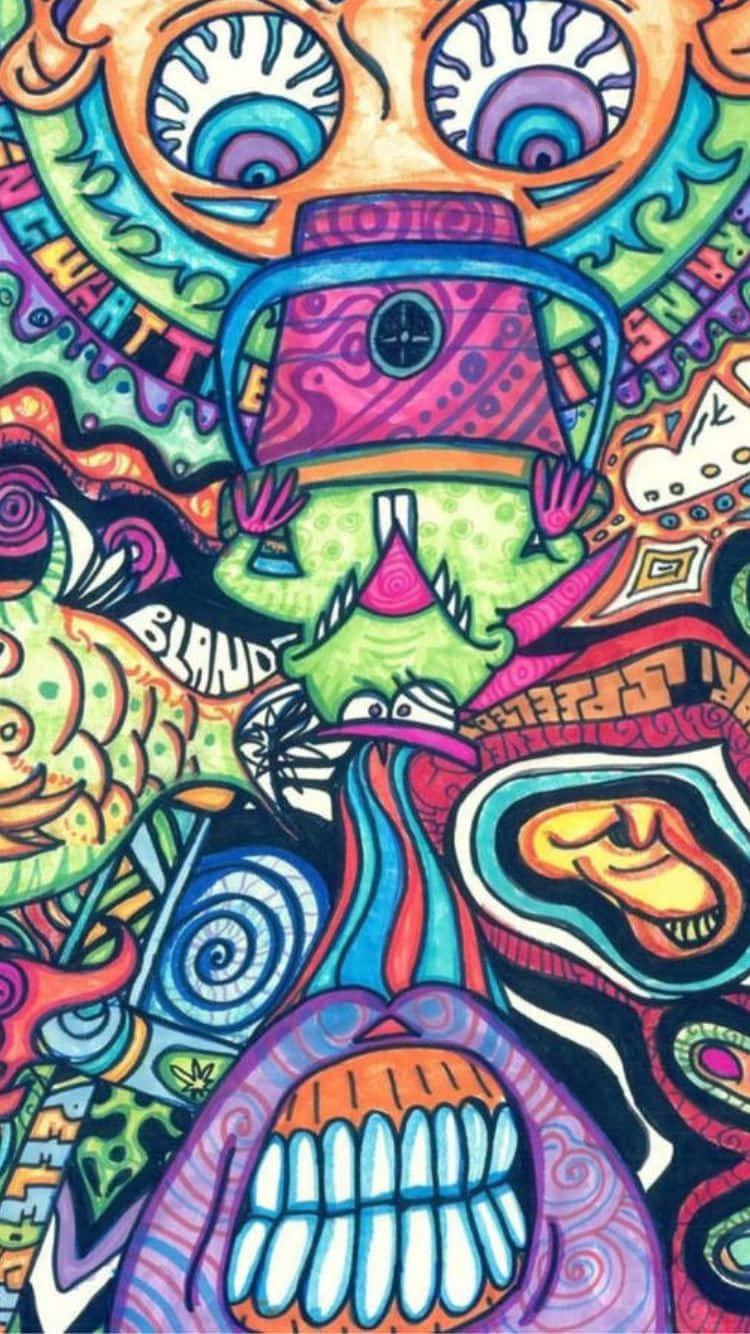  壁紙 — 充滿電光色彩的迷幻插圖，迸發出超現實卡通面孔和漩渦圖案。