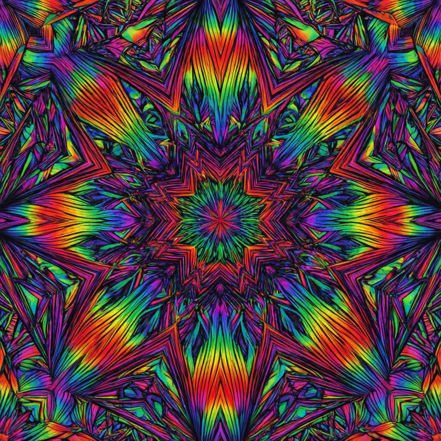 Head Full of Dreams Kaleidoscope 壁紙 — 充滿活力的迷幻萬花筒，從中央星爆以彩虹色調放射出銳利的幾何圖案。