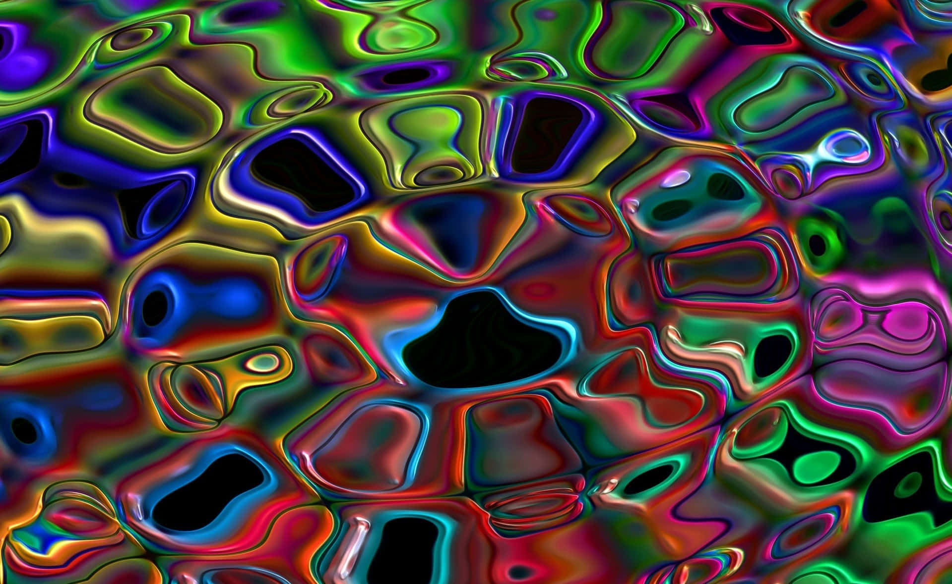 抽象數位藝術作品，具有流動的霓虹色彩和光澤的液體形狀。 — 3D 壁紙