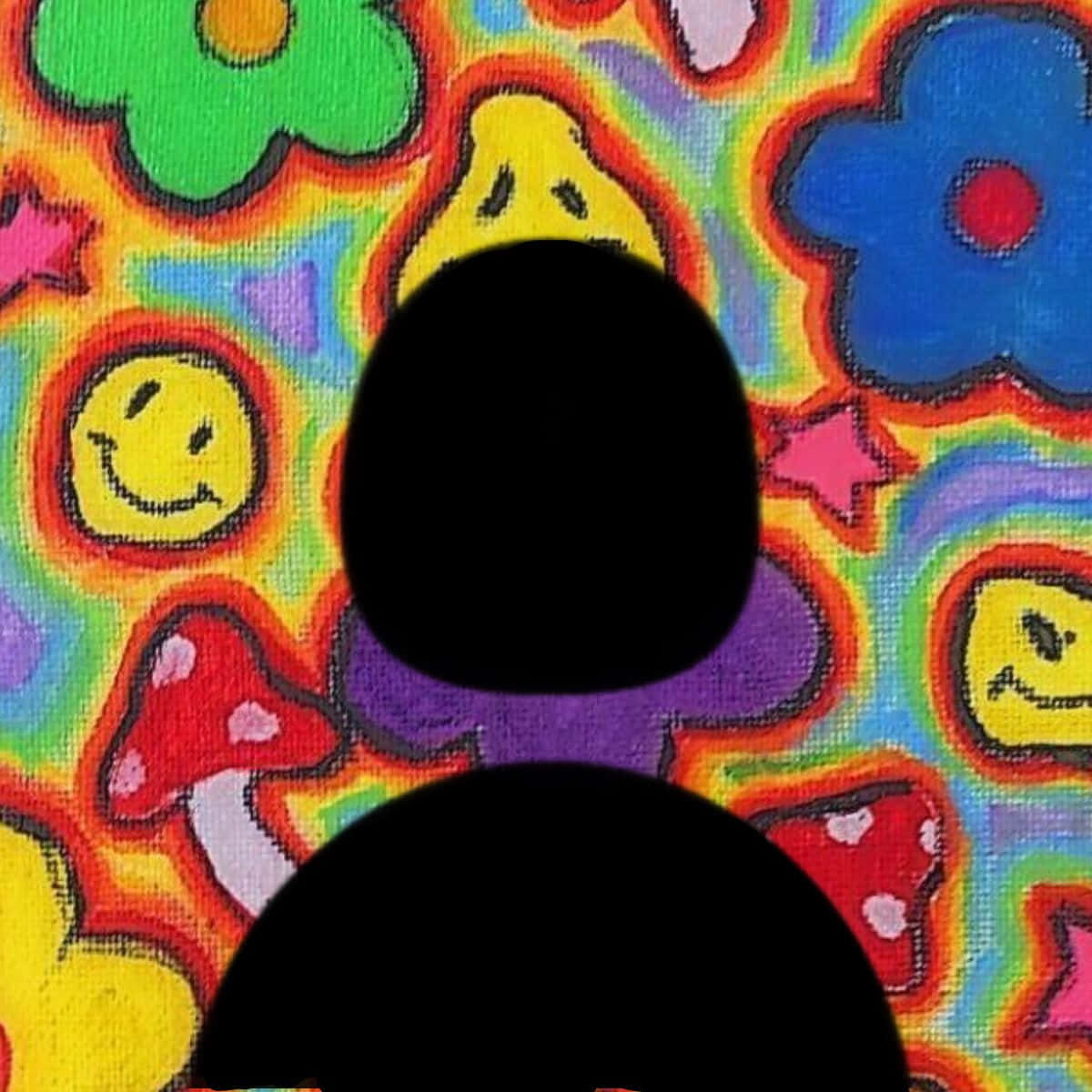  壁紙 — 充滿活力的迷幻圖案，帶有微笑的臉、蘑菇和彩虹色的花朵。