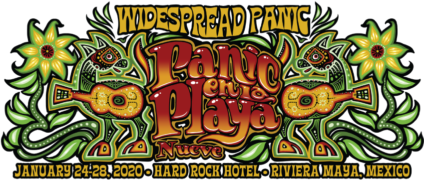 恐慌 桌布 壁紙 — Widespread Panic 的「Panic en la Playa Nueve」音樂節的充滿活力的迷幻海報，特色是風格化的彈吉他生物和大膽多彩的字體。