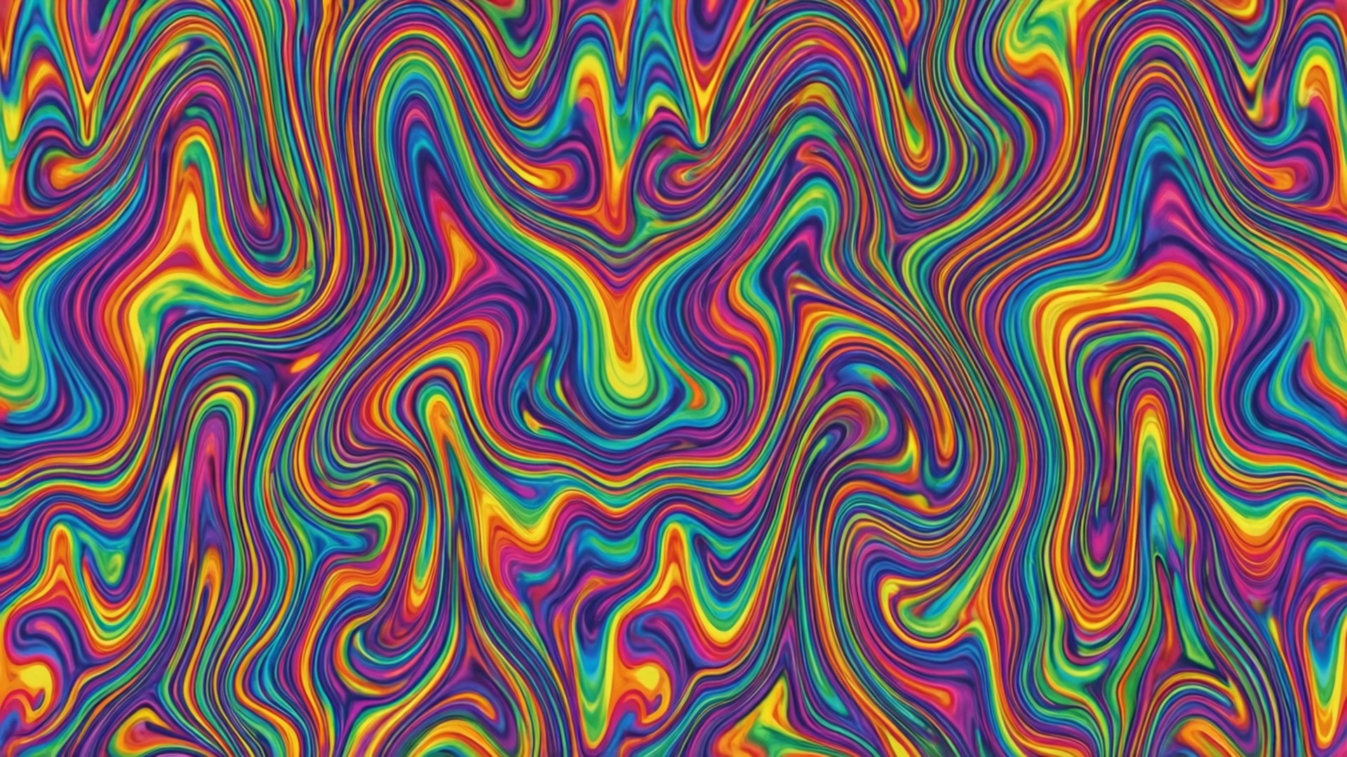 Psychedelic Rainbow Drip 壁紙 — 鮮豔的迷幻彩虹色漩渦在整個畫面中流動，形成起伏的波浪。