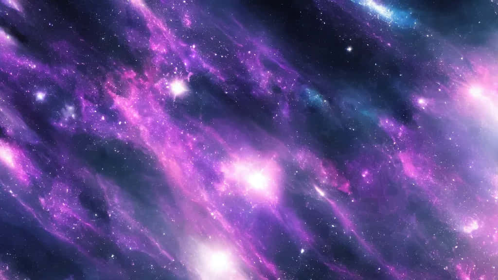  壁紙 — 充滿活力的紫色和藍色宇宙星雲在深邃太空背景下與發光的星星一起旋轉。