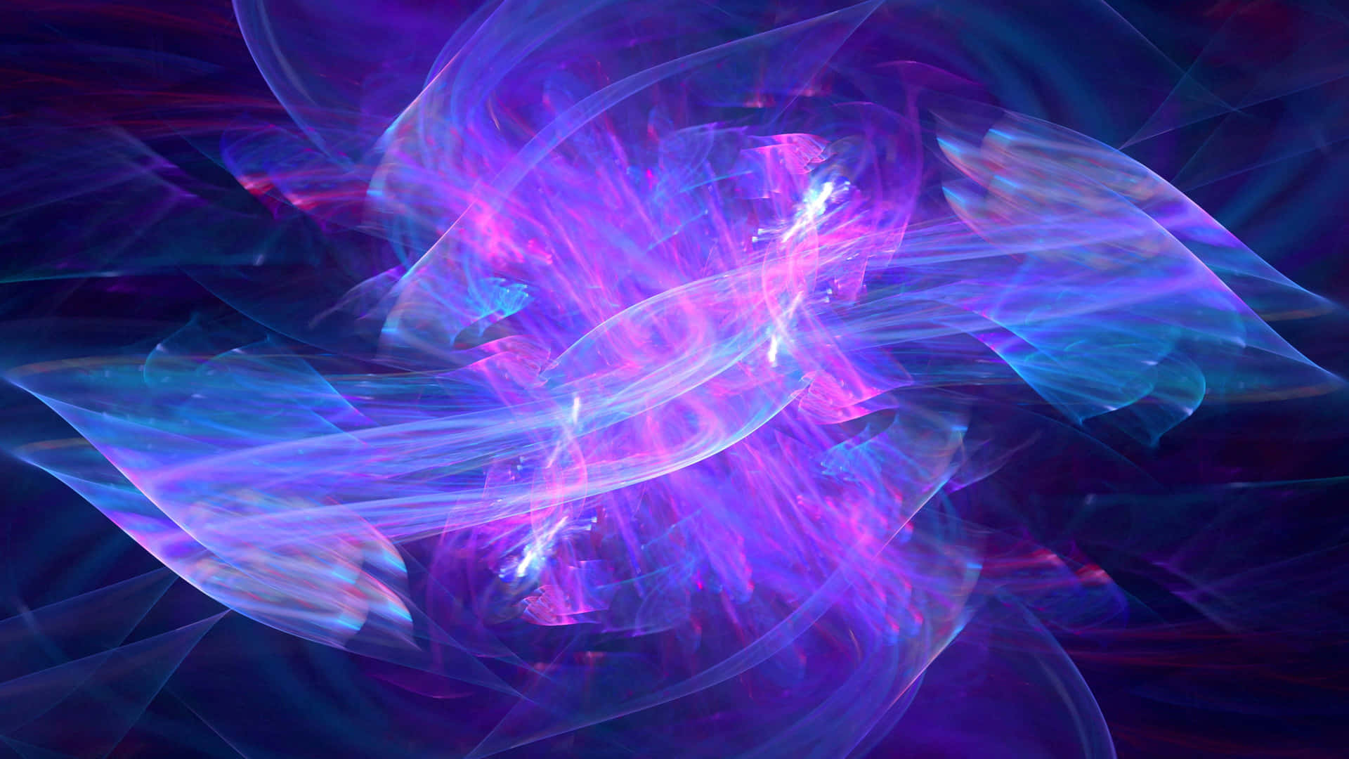  壁紙 — 充滿活力的紫色和藍色能量流在黑暗的宇宙背景下動態旋轉。