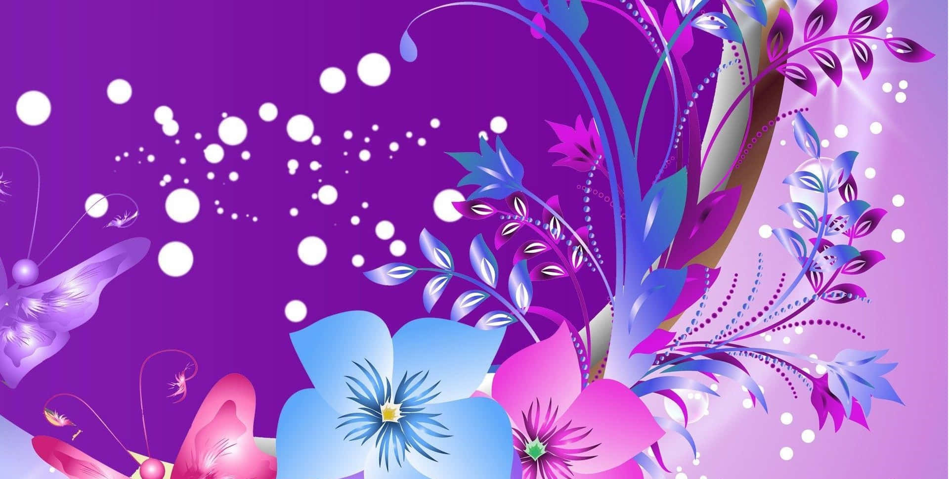  壁紙 — 充滿活力的紫色和藍色花卉設計，帶有發光的白色圓點和風格化的蝴蝶，背景為漸變色。