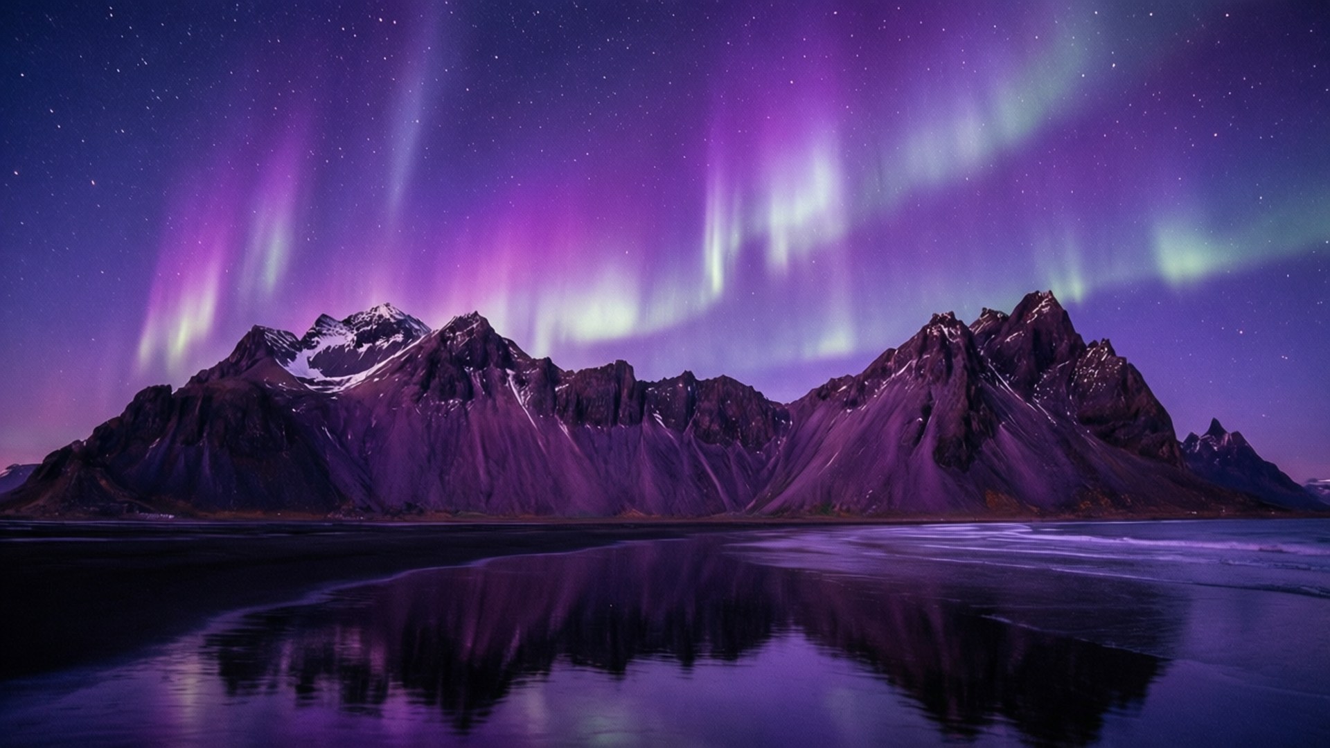 Aurora Over Purple Mountains 壁紙 — 充滿活力的紫色和綠色極光在鋸齒狀的雪山之上舞動，倒映在星空下平靜的深色水面上。