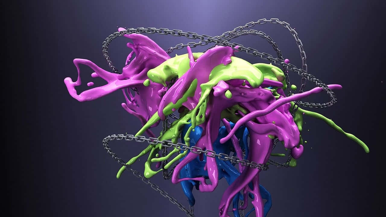 色彩繽紛的油漆飛濺包裹在金屬鏈條中的抽象 3D 渲染。 — 3D 壁紙