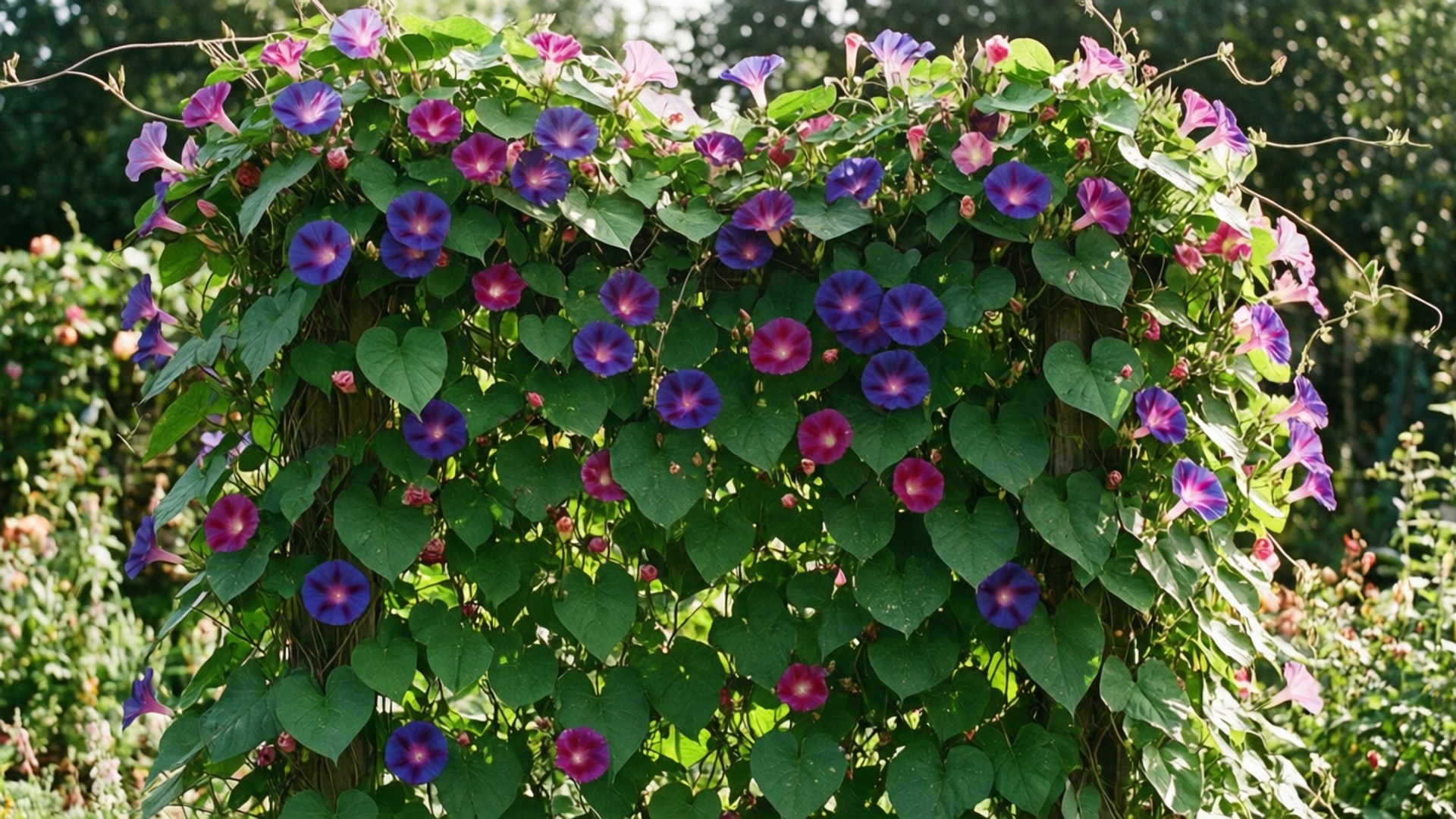 Blooming Trellis Vines 壁紙 — 鮮豔的紫色和粉紅色牽牛花在茂密的綠色藤蔓上密集綻放，藤蔓在明亮的陽光下攀爬木製棚架。