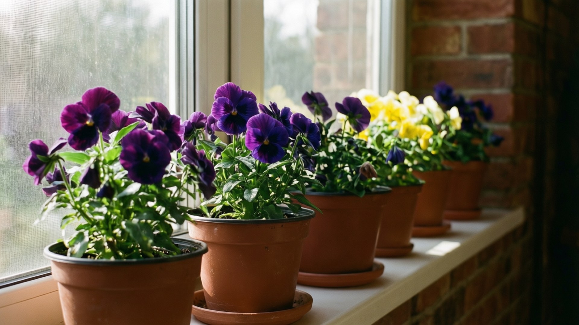 Potted Pansies Windowsill 壁紙 — 鮮豔的紫色和黃色三色堇種在陶土盆中，排列在陽光照耀的窗臺上，背景是磚牆。