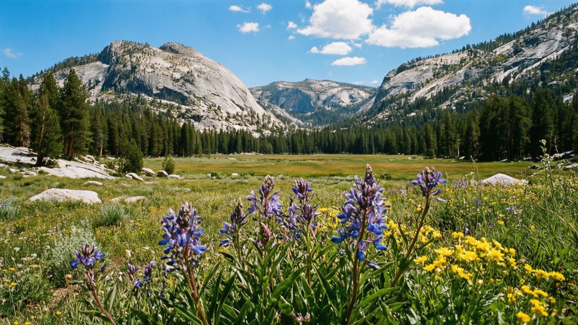 Tuolumne Meadows Wildflowers 壁紙 — 充滿活力的紫色和黃色野花在陽光明媚的草地上盛開，周圍環繞著高聳的花崗岩山脈和常綠森林，在明亮的藍天下有蓬鬆的雲朵。