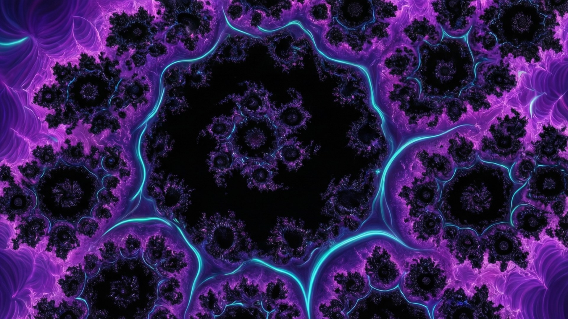 Fractal Purple Cyan 壁紙 — 充滿活力的紫色碎形圖案，帶有發光的青色紋理，從中央的黑色虛空輻射而出，形成迷人的數位藝術作品。