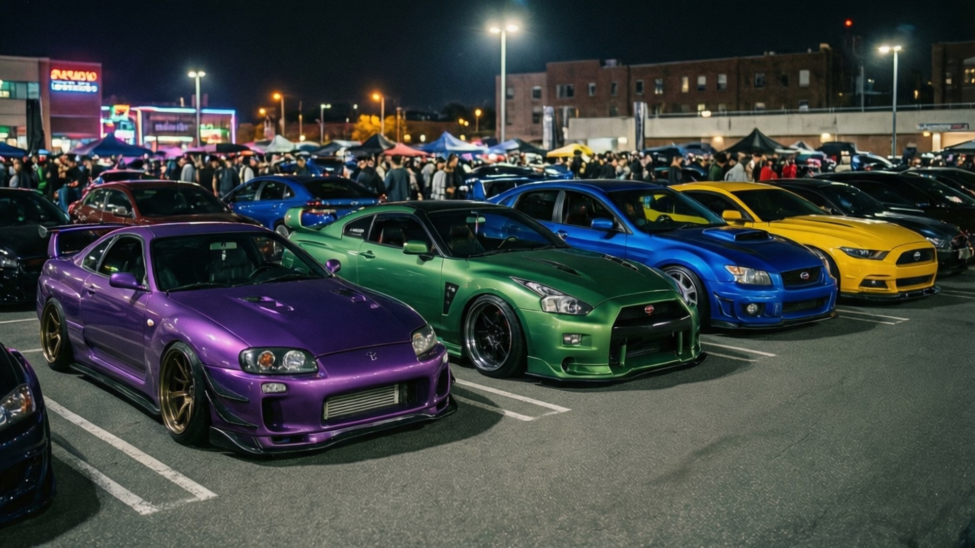 Night Car Meet Gathering 壁紙 — 充滿活力的紫色、綠色、藍色和黃色改裝跑車在擁擠的車展夜燈下閃閃發光。