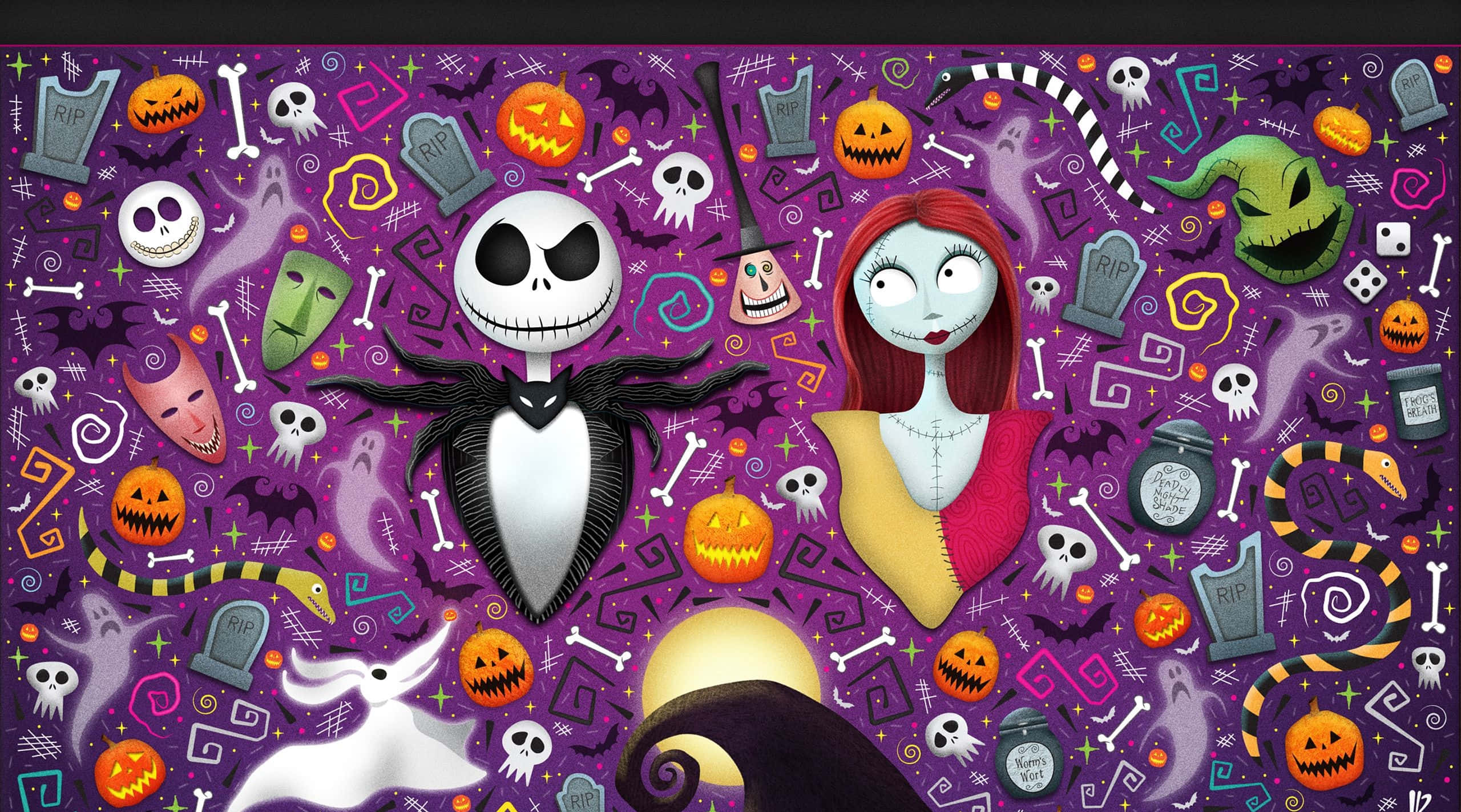 Cool Disney 桌布 壁紙 — 充滿活力的紫色萬聖節桌布， featuring Jack Skellington 和 Sally 被南瓜、鬼魂和墓碑包圍，以異想天開的卡通風格呈現。