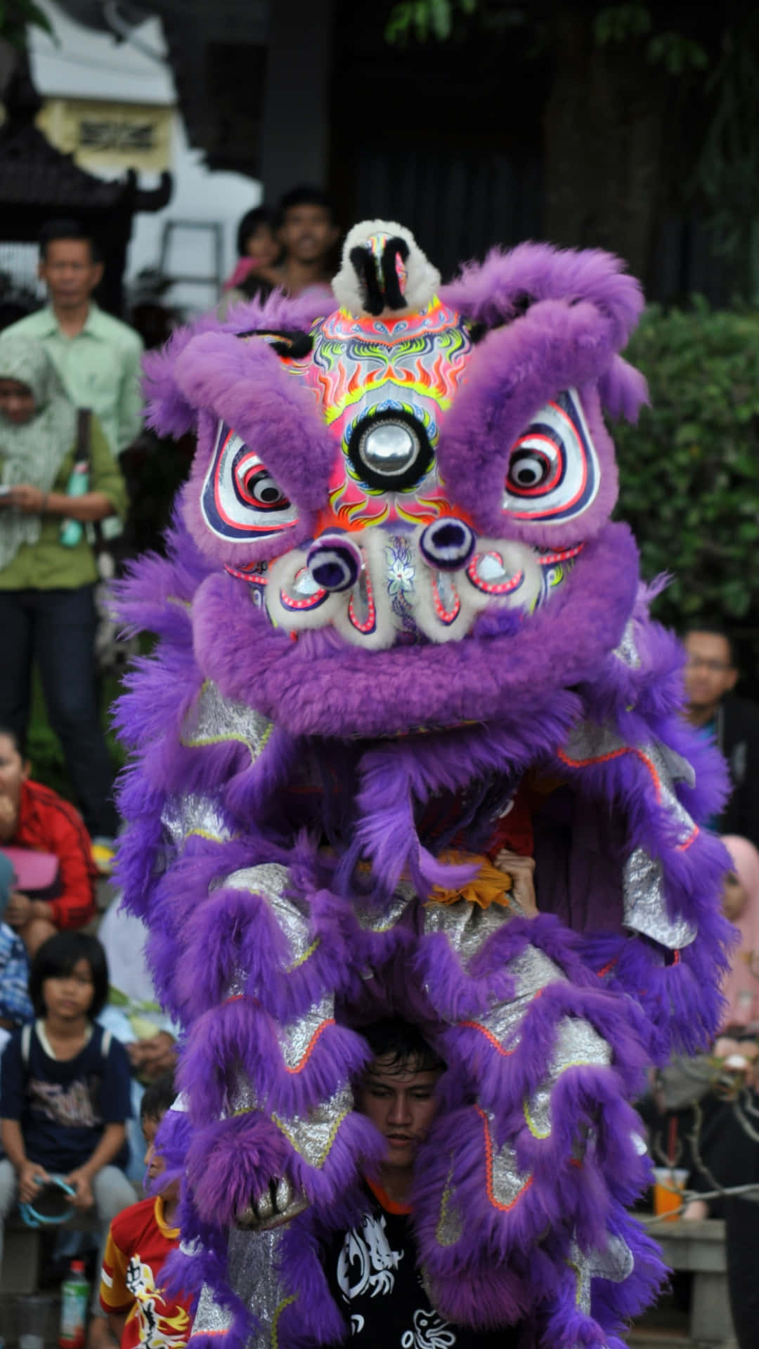  壁紙 — 一件充滿活力的紫色舞獅服裝，帶有閃閃發光的銀色點綴，在節日戶外環境中在人群前表演。