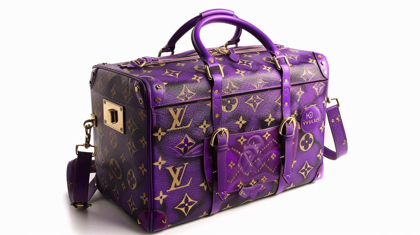  壁紙 — 一個充滿活力的紫色 Louis Vuitton 行李袋，帶有金色字母組合圖案和金屬配件，背景為純白色。