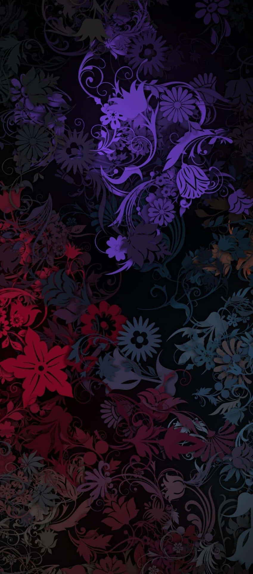  壁紙 — 充滿活力的紫色、紅色和藍色花卉圖案在深色背景上旋轉，構成細節豐富的壁紙。