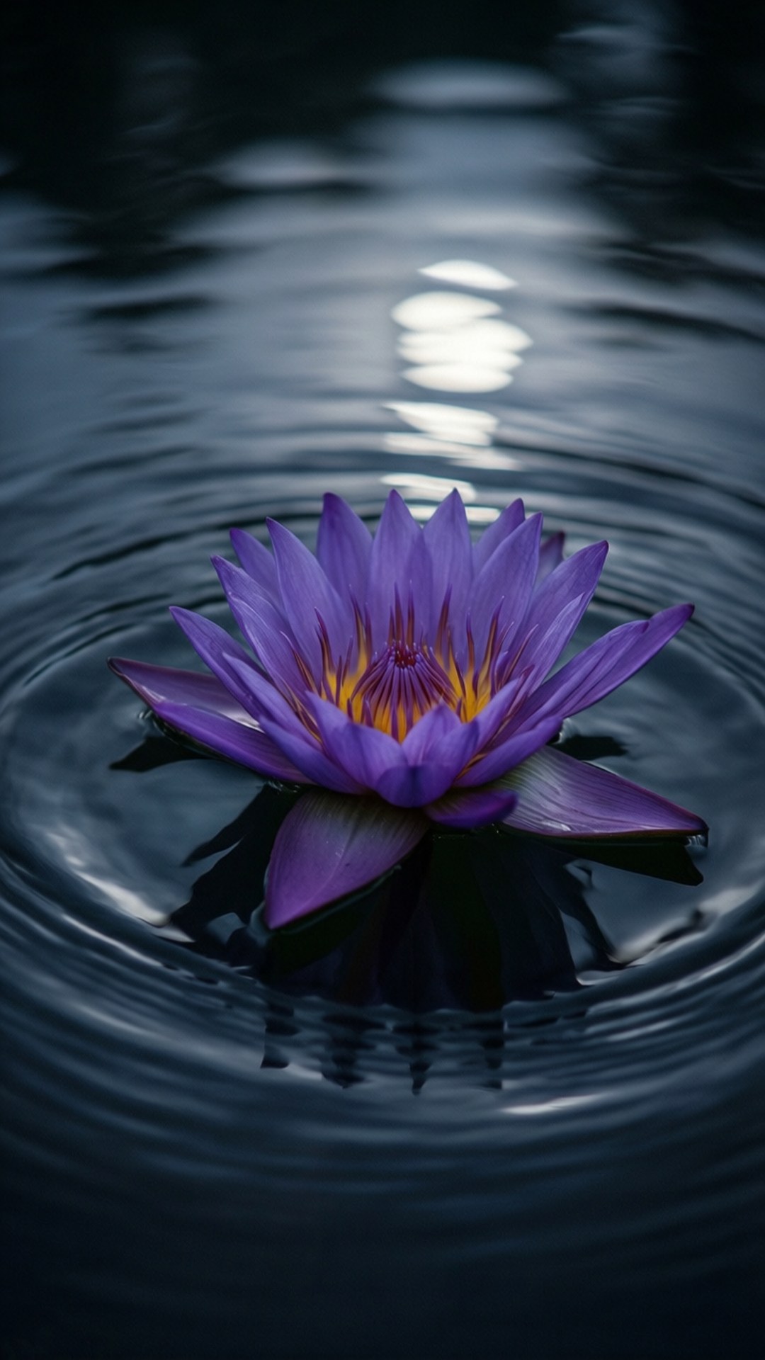 Violet Lotus Peace 壁紙 — 一朵充滿活力的紫色睡蓮，帶有黃色中心，在月光下靜靜地漂浮在黑暗的漣漪水面上。