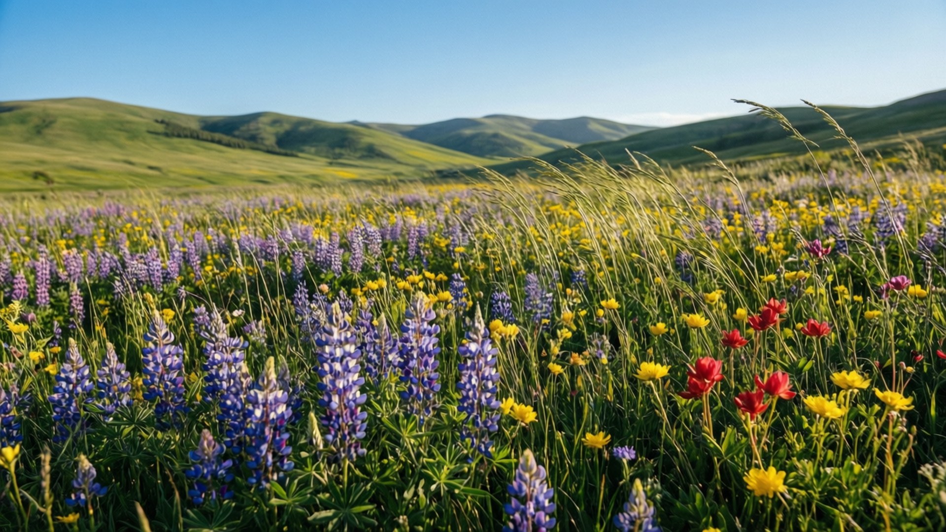 Wildflower Meadow Bliss 壁紙 — 鮮豔的紫色、黃色和紅色野花在陽光明媚的草地上密集盛開，背景是連綿起伏的綠色山丘，頭頂是清澈的藍天。