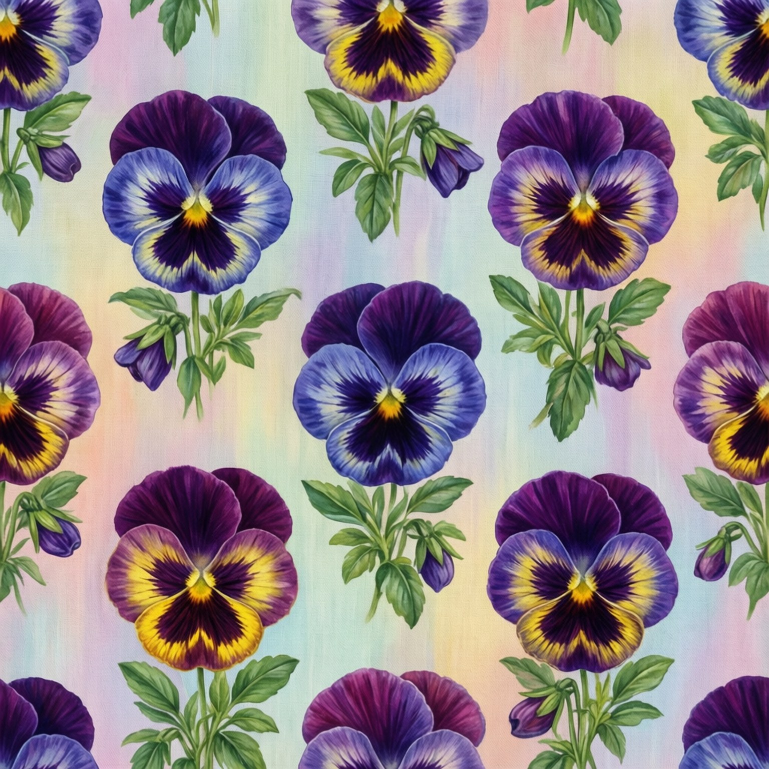 Pansy Pattern Design 壁紙 — 充滿活力的紫黃色三色堇，綠色莖稈，在柔和的漸變粉彩背景上綻放。