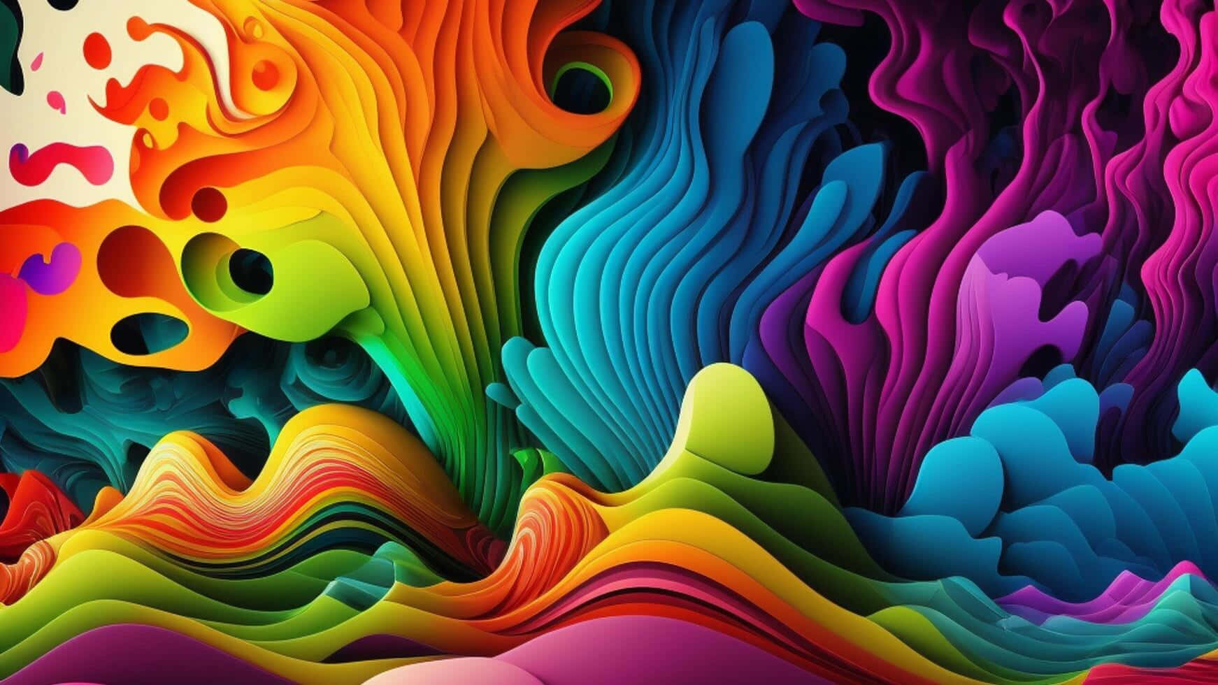 壁紙 — 充滿活力的彩虹色層疊波浪在迷幻數位藝術作品中動態流過畫布。