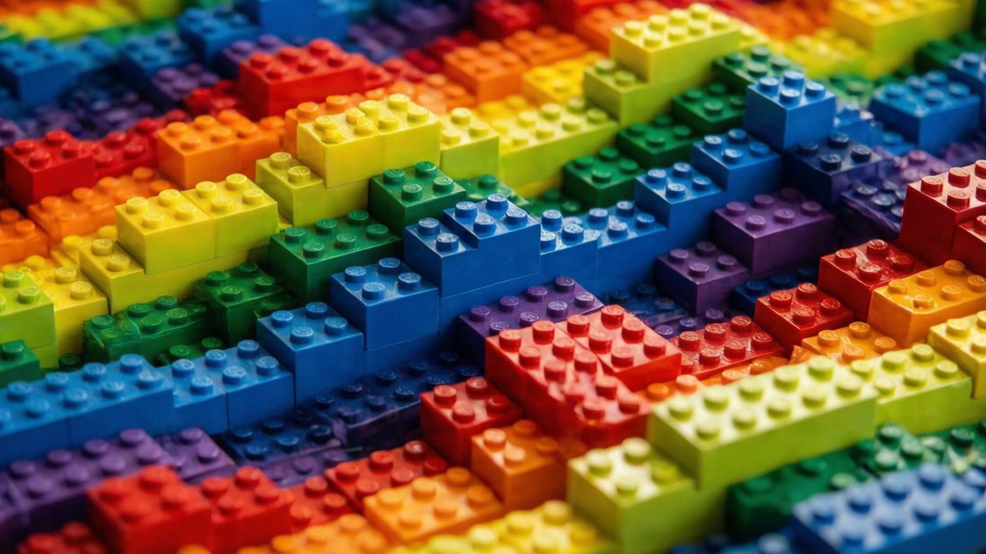 Lego Wave Abstract 壁紙 — 鮮豔的彩虹色LEGO積木排列成有紋理的鋸齒形圖案，景深較淺。