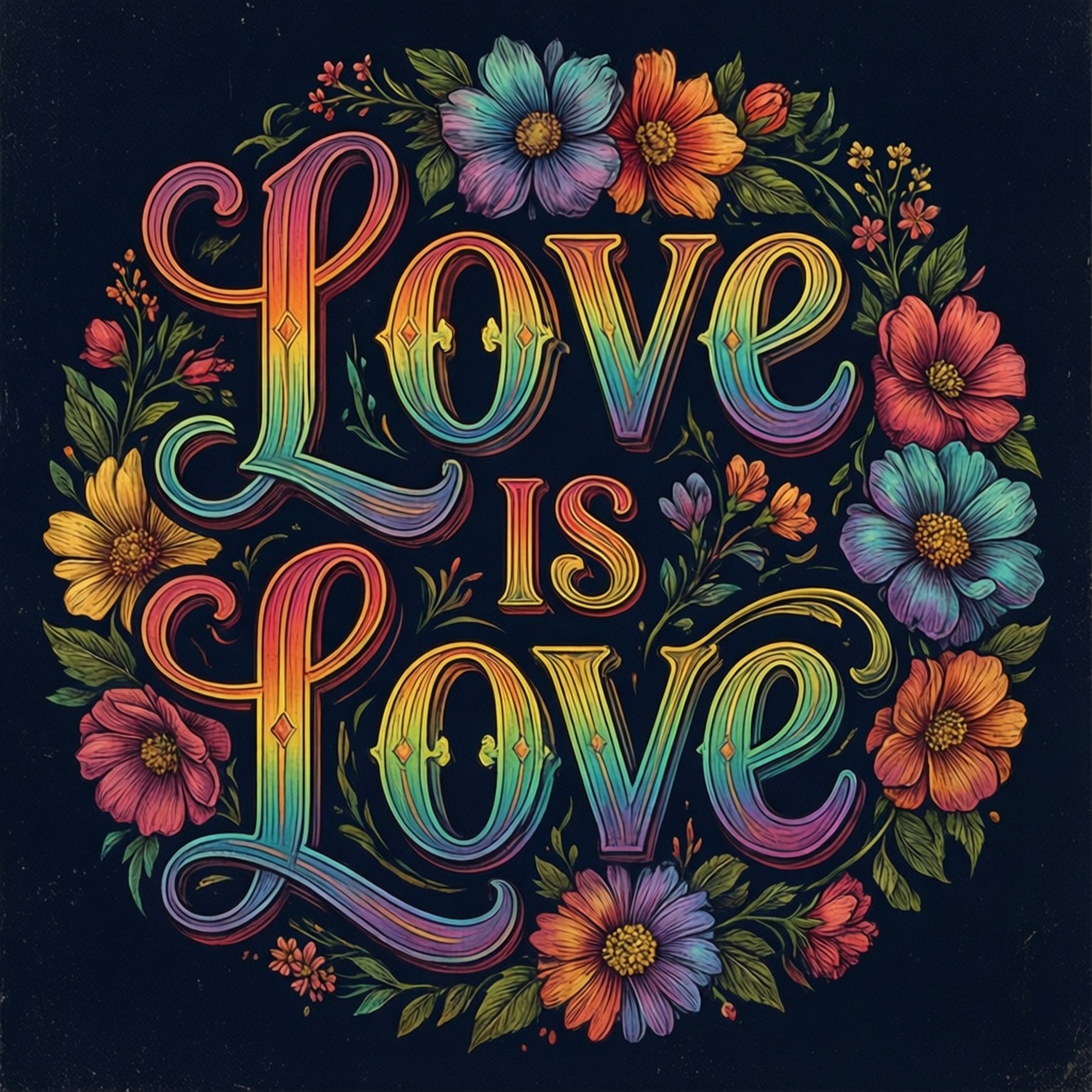 Vintage Love 壁紙 — 鮮豔的彩虹漸變字體拼出「Love is Love」，周圍環繞著色彩繽紛的花朵，背景為深色。