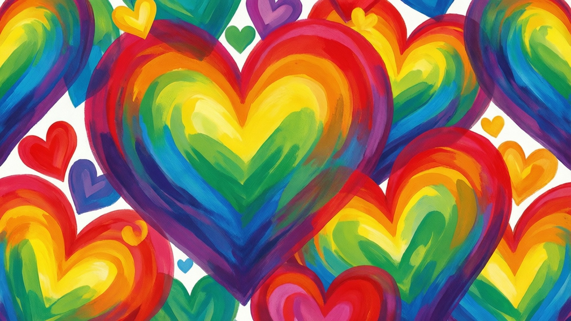 Rainbow Heart Pattern 壁紙 — 鮮豔的彩虹心形以粗獷筆觸繪製，在白色背景上重疊，創造出歡樂多彩的圖案。