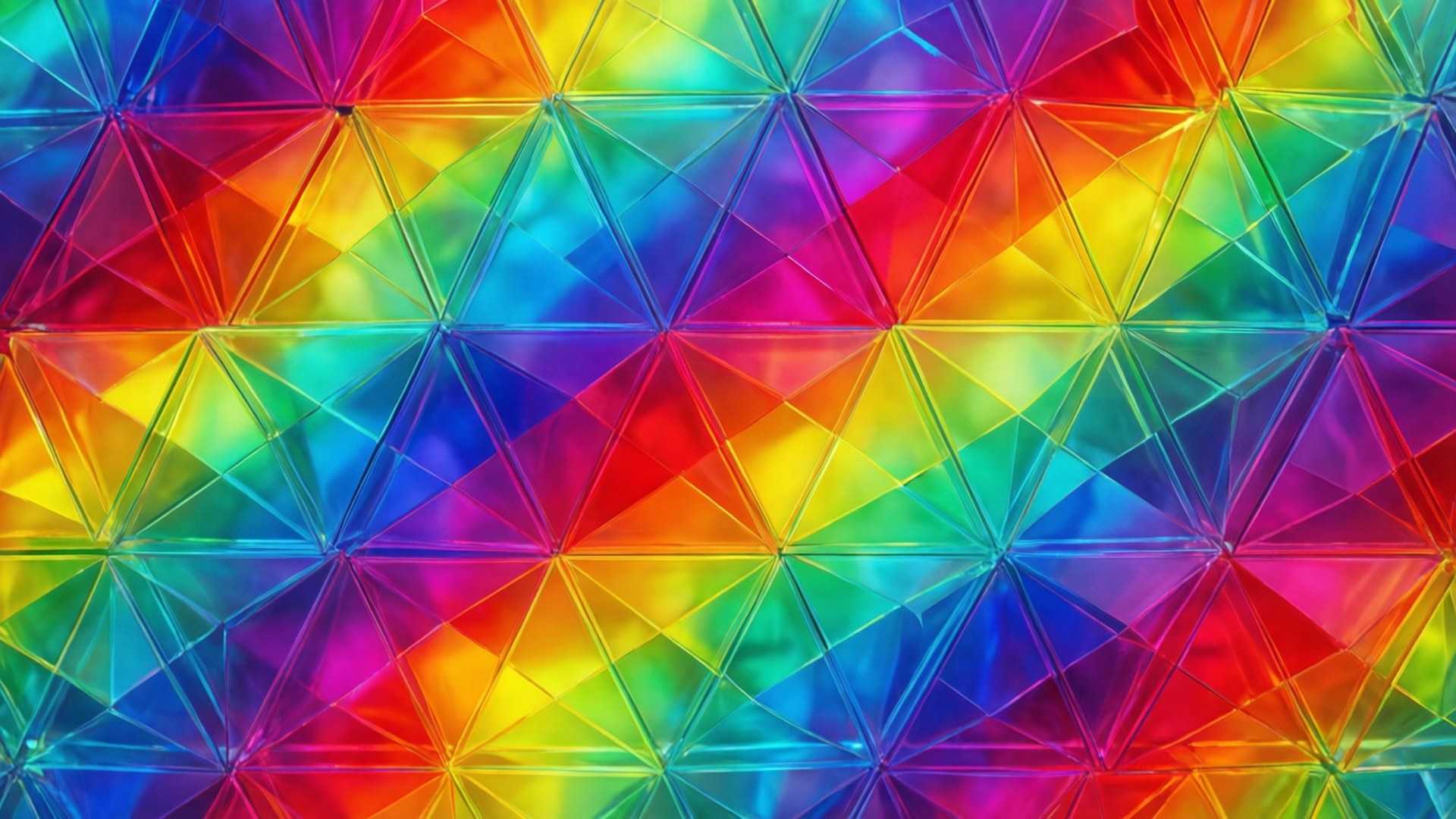 Rainbow Triangle Mosaic 壁紙 — 鮮豔的彩虹色調流經半透明三角棱鏡的幾何網格，產生令人眼花繚亂的萬花筒效果。