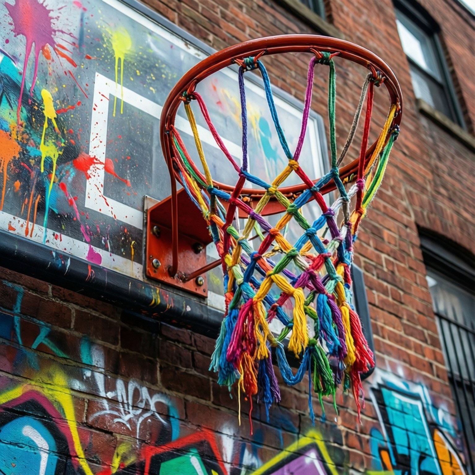 Street Hoop Art 壁紙 — 一個充滿活力的彩虹色流蘇籃球網掛在一個安裝在塗鴉覆蓋的磚牆上的籃框上，牆上有濺灑的油漆。