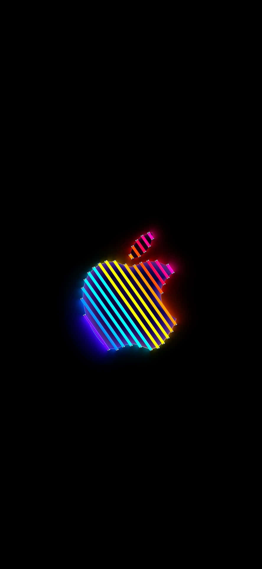  壁紙 — 一個充滿活力的彩虹霓虹Apple標誌在純黑色背景上以數位藝術風格發光。