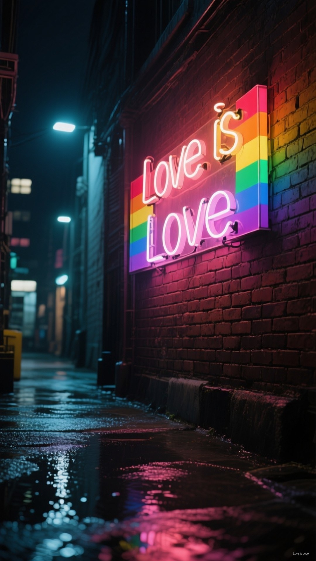 Love is Love Neon 壁紙 — 一個鮮豔的彩虹霓虹燈牌，上面寫著「Love is Love」，在夜晚的黑暗城市小巷中，對著濕漉漉的磚牆發光。