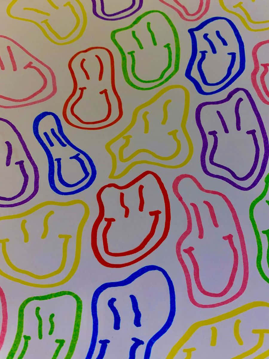  壁紙 — 色彩繽紛的彩虹輪廓笑臉，以搖晃的手繪風格覆蓋在純色背景上。