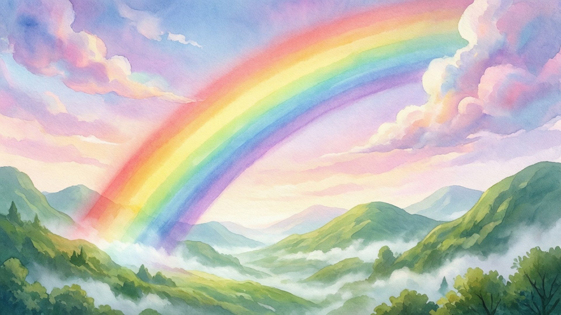 Rainbow Over Heaven 壁紙 — 一道鮮豔的彩虹在薄霧籠罩的綠色山脈上空彎曲，下方是帶有柔和雲朵的粉彩天空。