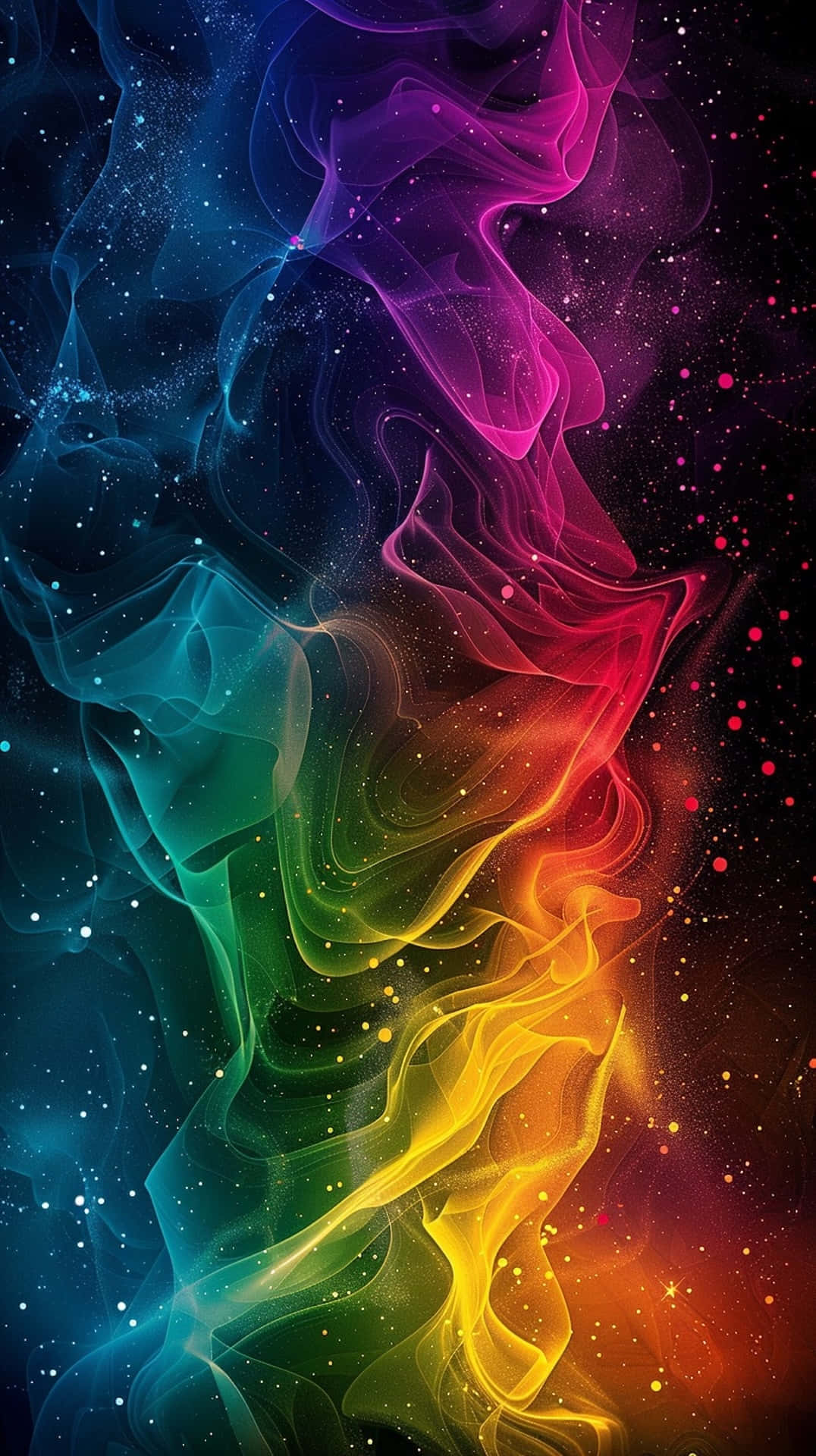  壁紙 — 充滿活力的彩虹煙霧在星光宇宙虛空中旋轉，帶有發光粒子和深空背景。