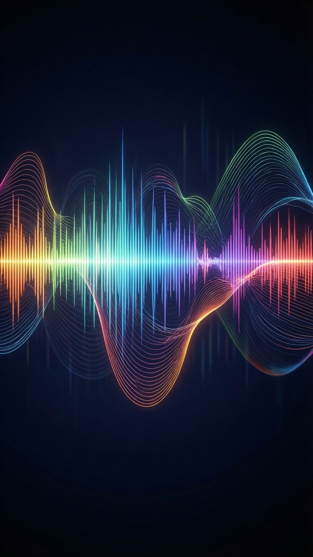 Audio Waveform Visualization 壁紙 — 鮮豔的彩虹聲波在黑暗背景上脈動，發光的霓虹線條如波浪般流動。