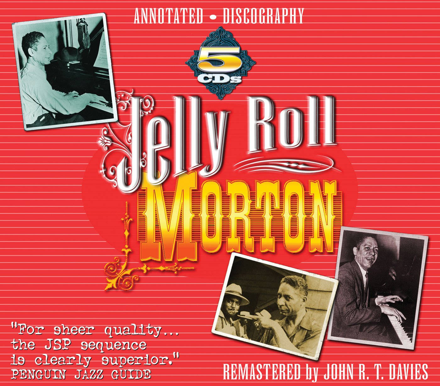 Album Cover 桌布 壁紙 — Jelly Roll Morton 註釋唱片目錄的鮮紅色專輯封面， featuring 爵士鋼琴家的復古照片和華麗字體。