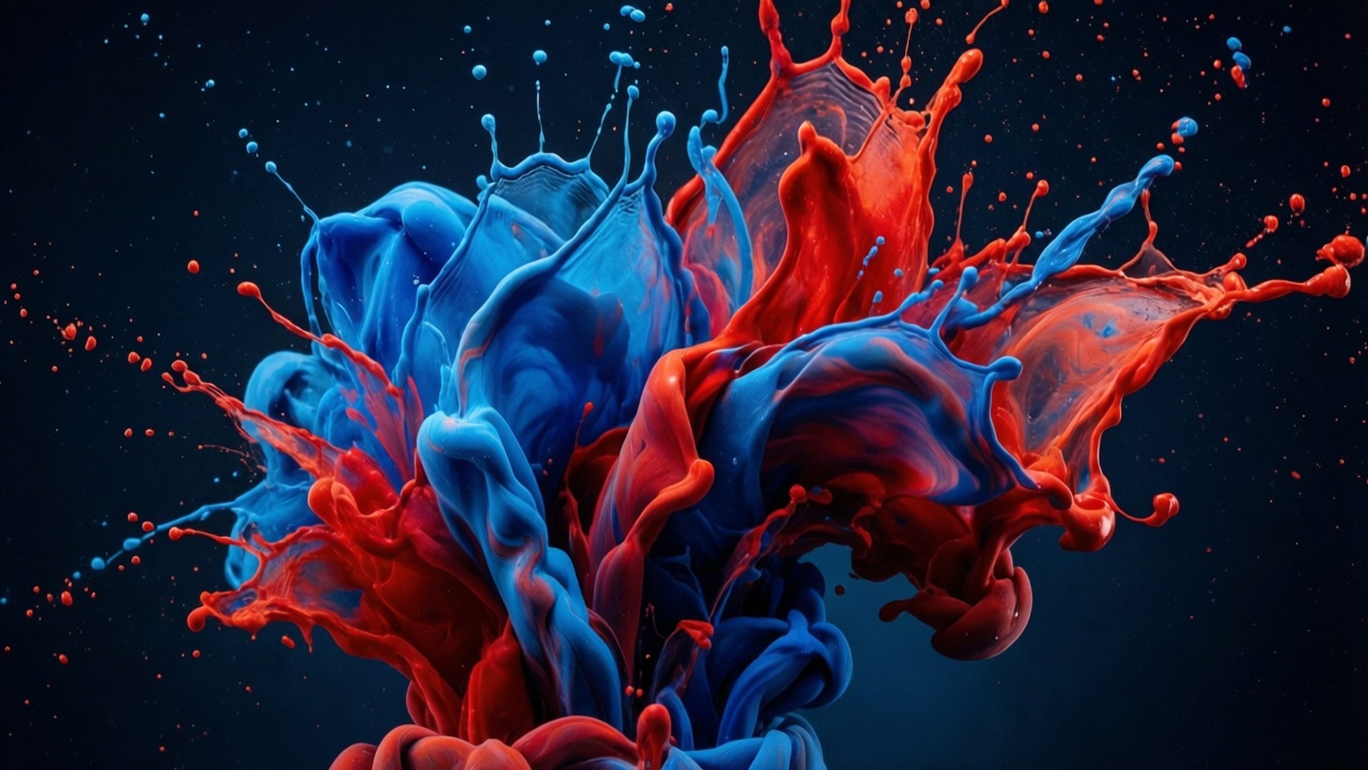 Patriots Color Splash 壁紙 — 鮮豔的紅色和藍色油漆飛濺在黑暗的宇宙背景上動態碰撞，帶有散落的液滴。