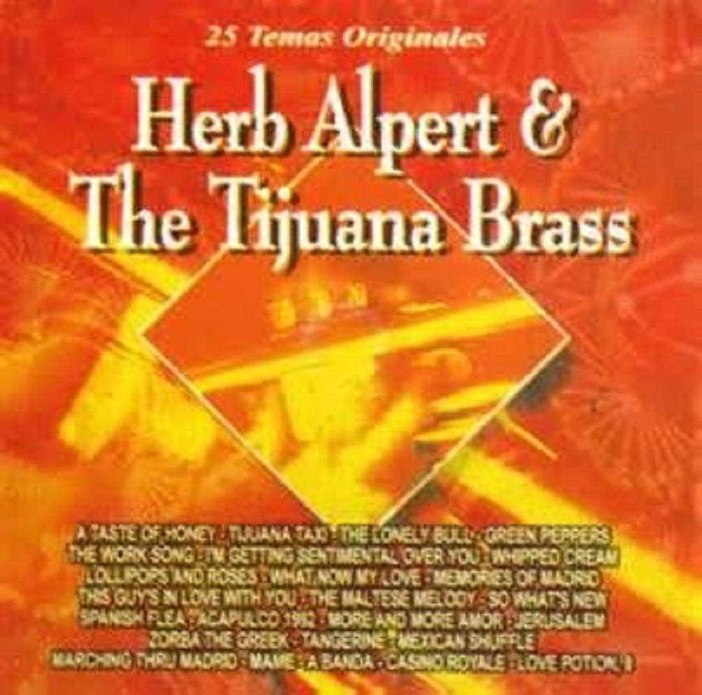 專輯封面 桌布 壁紙 — Herb Alpert & The Tijuana Brass 的鮮豔紅色和橙色專輯封面，採用粗體字體和鑽石形狀的音樂家照片。